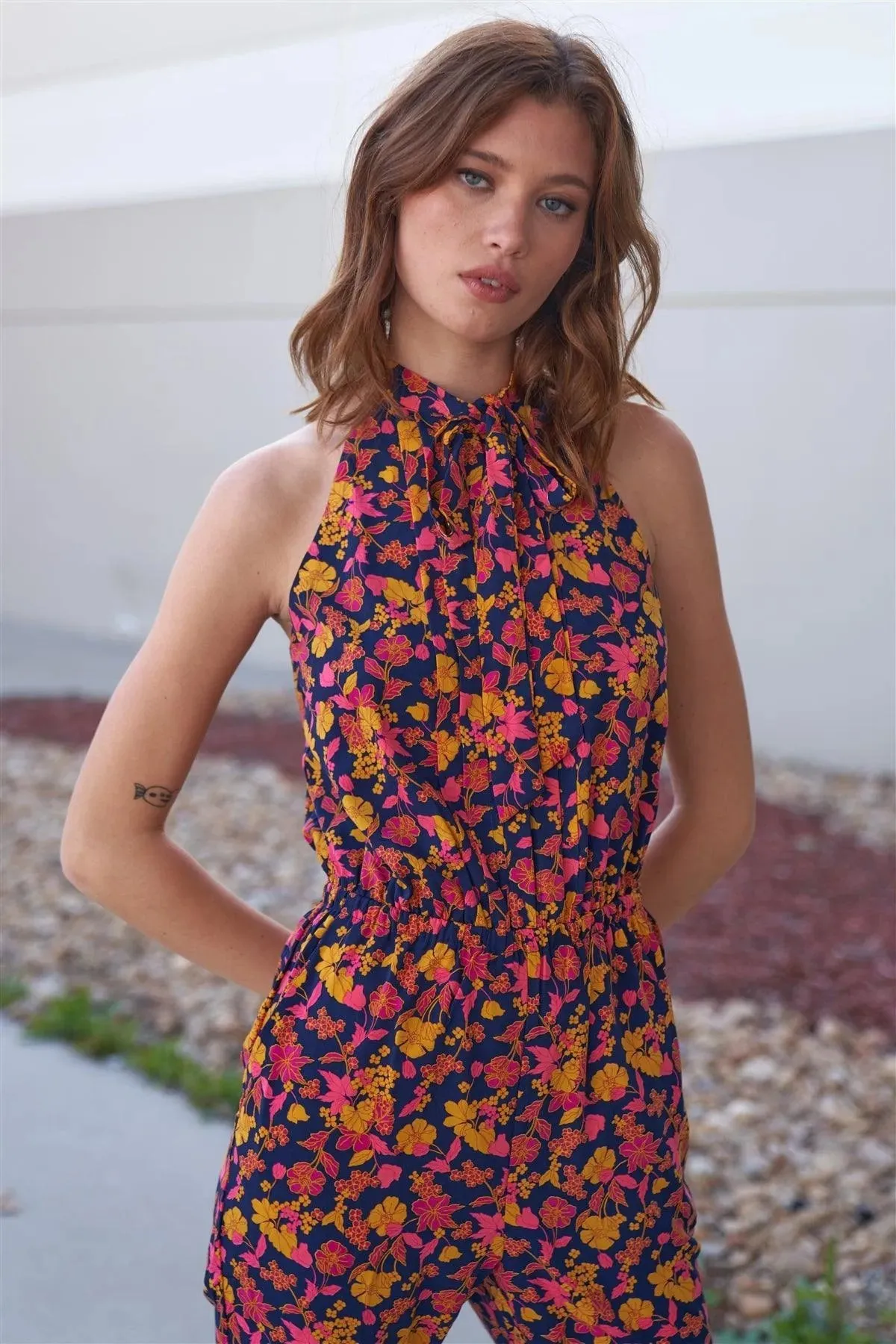 Navy Multi Floral Print Self-Tie Mock Neck Sleeveless Elasticated Waistline Side Pockets Jumpsuit /3-3