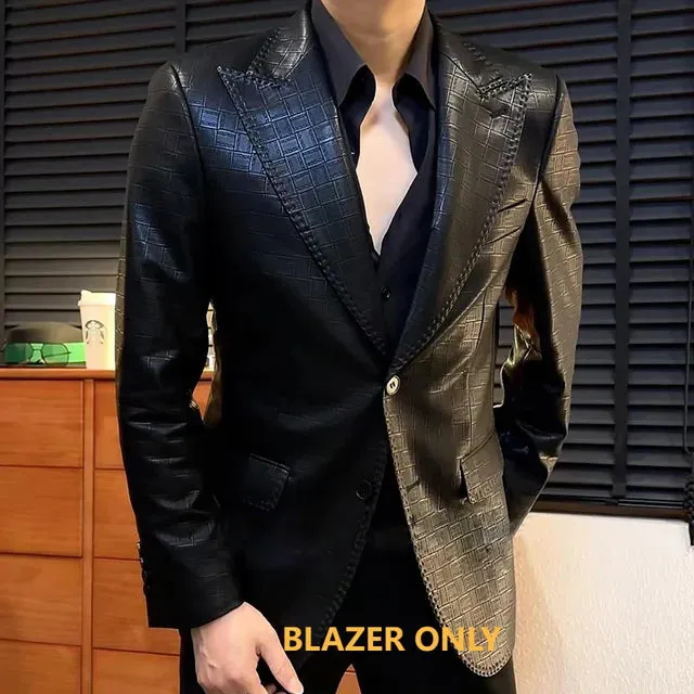 Plaid Pattern Faux Leather Blazer