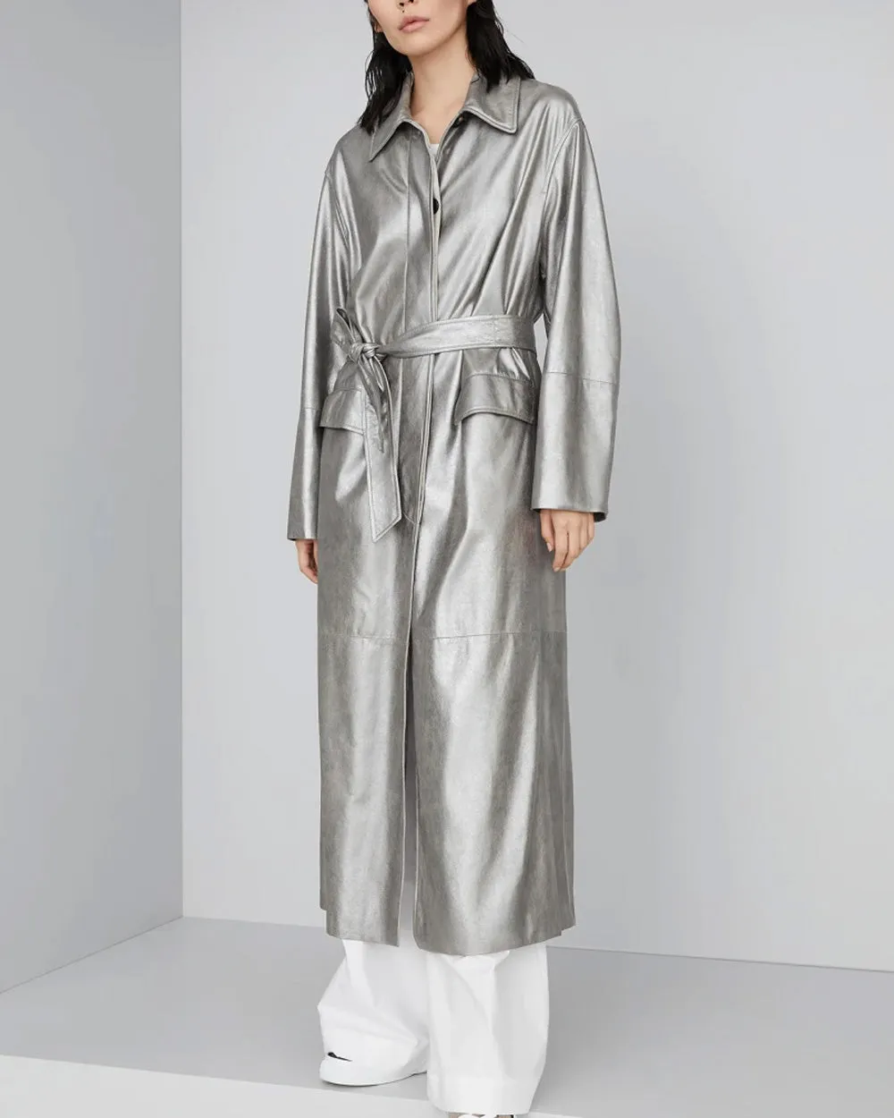 Steel Metallic Leather Trench Coat